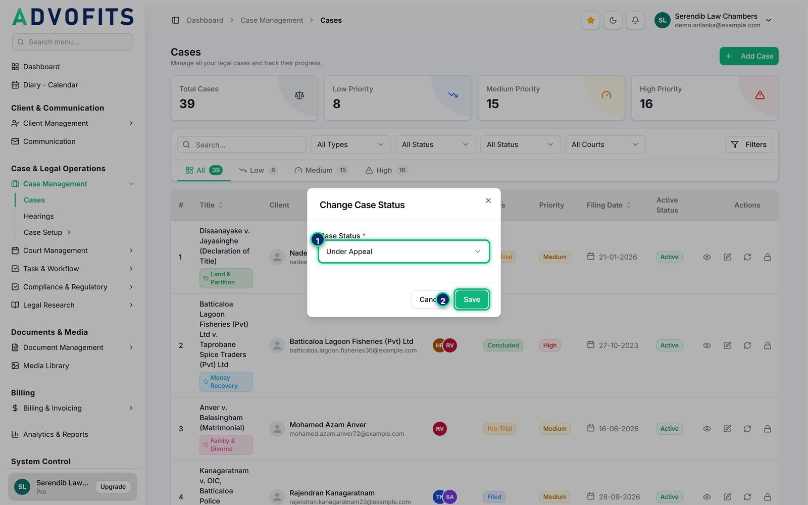 Change a case status screen, with numbered markers